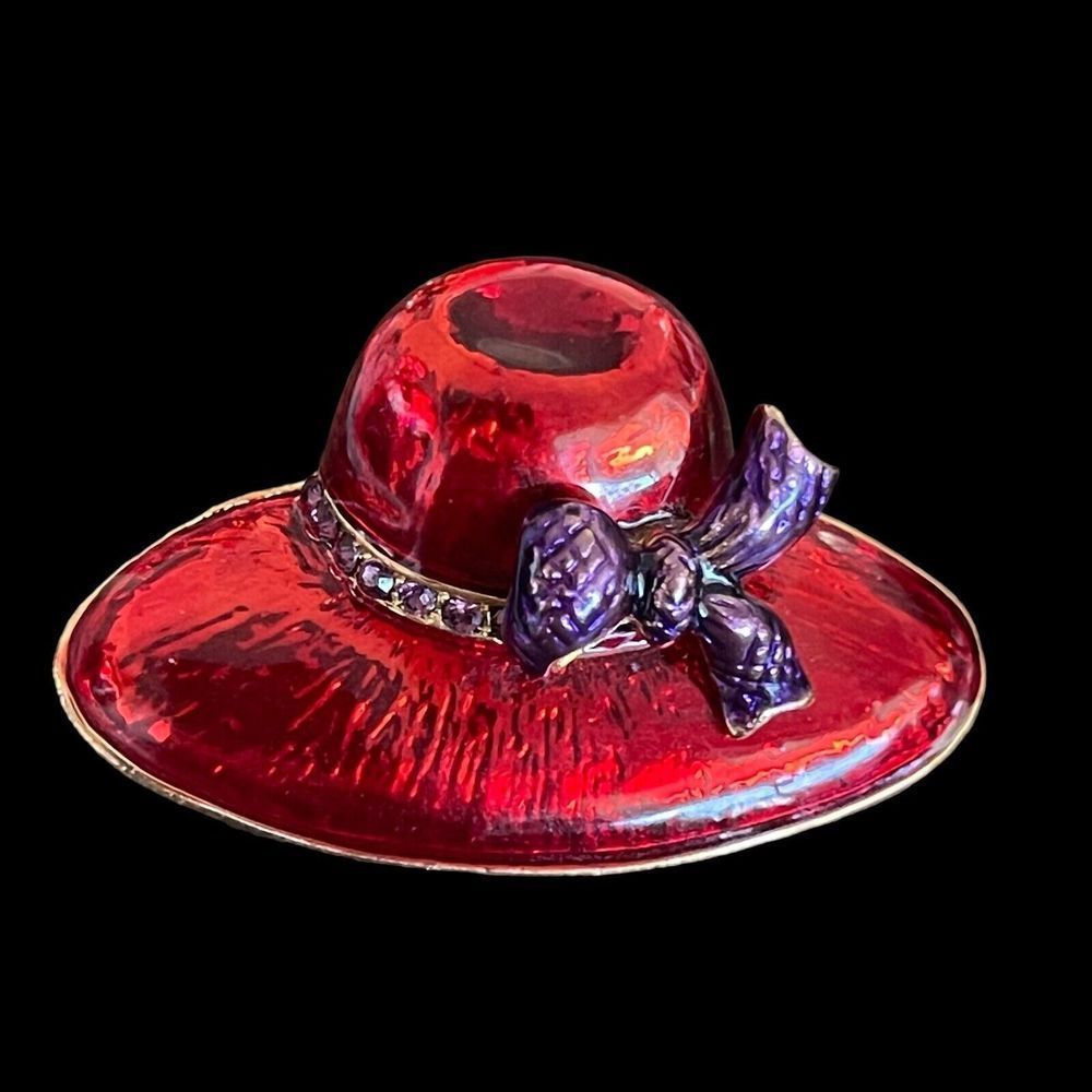 Red Hat Society Red Enamel Purple Bow Rhinestone Brooch Pin Pendant Gold Tone
